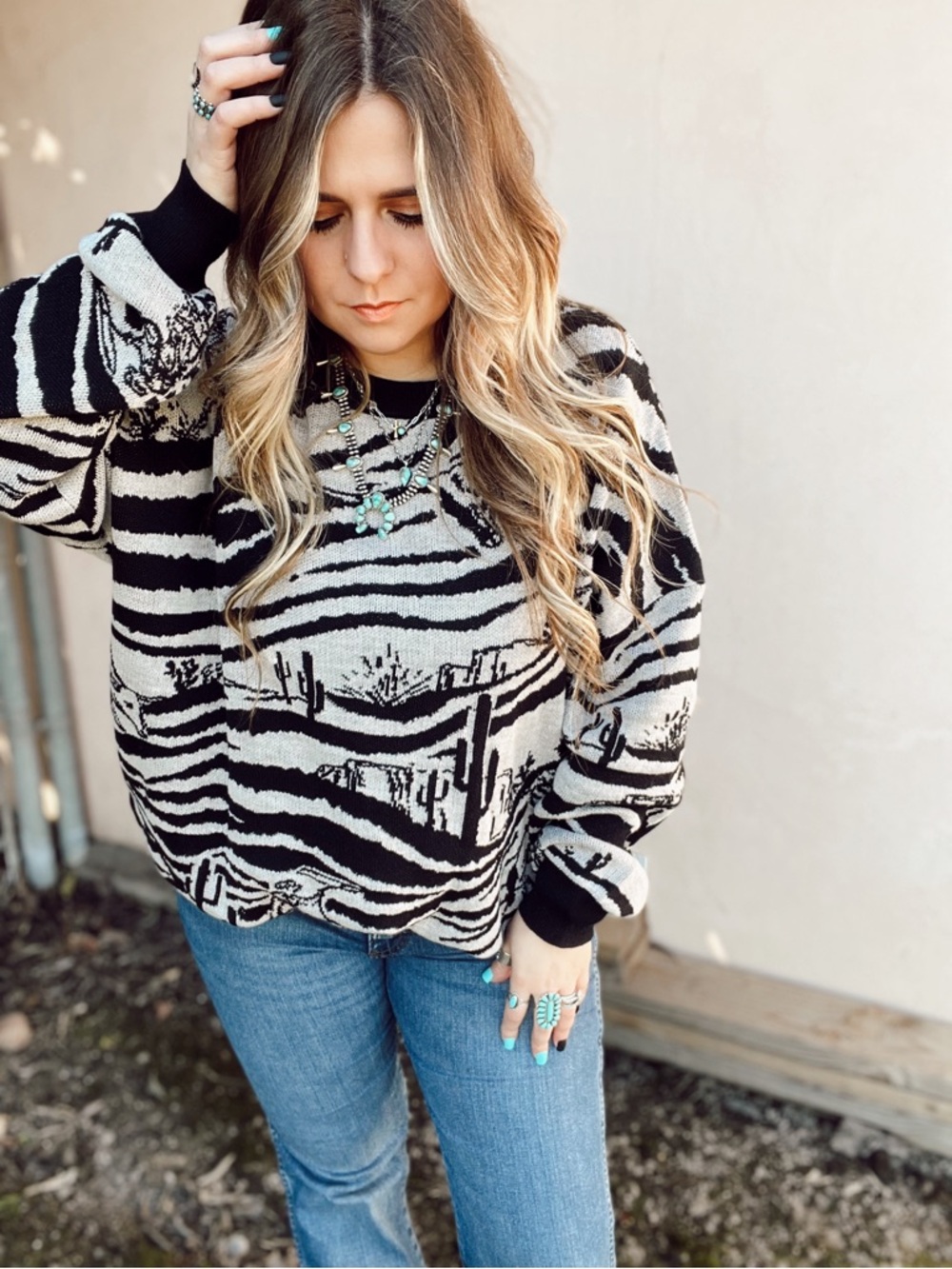 Women's Black & Cream Crew Neck Sweater - Desert Stripe Knit